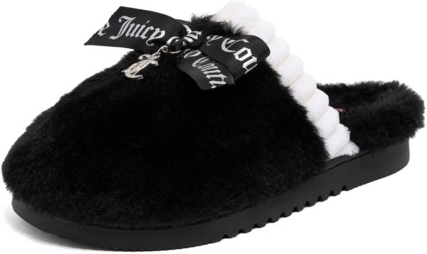Juicy Couture Women's Faux Fur Slippers – Fuzzy Closed-Toe, Fluffy Winter House Shoes, Comfortable Slip-Ons juicy juice