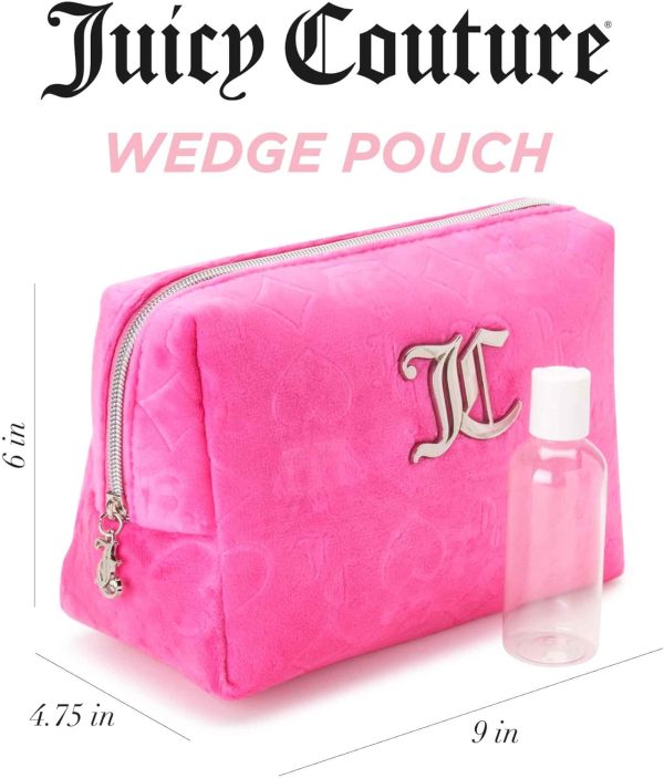 Juicy Couture Hot Pink Makeup Bag Cosmetics Organizer Travel Essentials Zip Top Wedge Velour Heart Crown makeup mirror