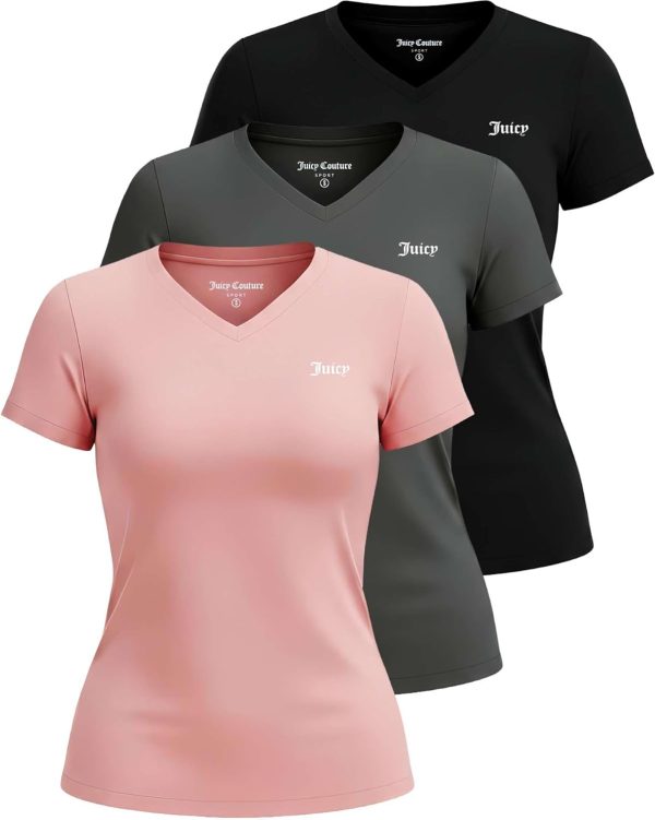 Juicy Couture Women's Short Sleeve V-Neck Athletic T-Shirts – Workout, Fitness, Yoga, Pilates, Gym Activewear (Plus) shorts