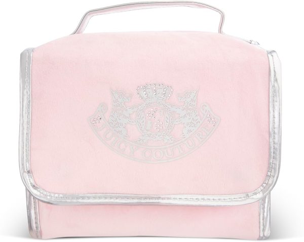 Juicy Couture Pink Makeup Bag Cosmetics Organizer Travel Essentials Hanging Hook Silver Terroir Dog Rhinestone Crown Velour baggy jeans
