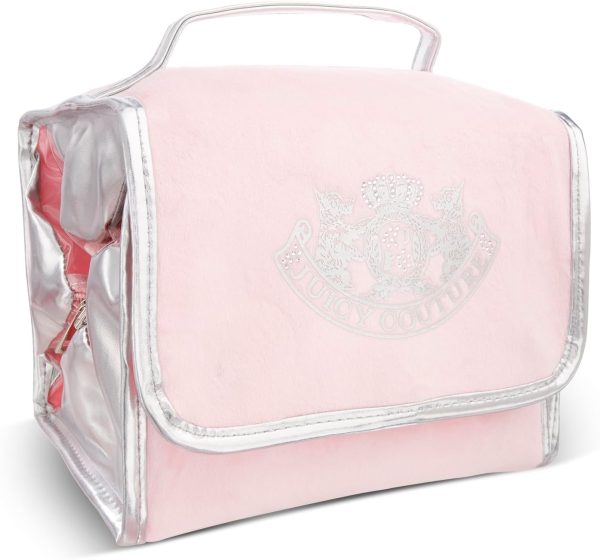 Juicy Couture Pink Makeup Bag Cosmetics Organizer Travel Essentials Hanging Hook Silver Terroir Dog Rhinestone Crown Velour pink palm puff