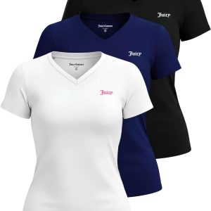 Juicy Couture Women's Short Sleeve V-Neck Athletic T-Shirts – Workout, Fitness, Yoga, Pilates, Gym Activewear (Plus) short ribs