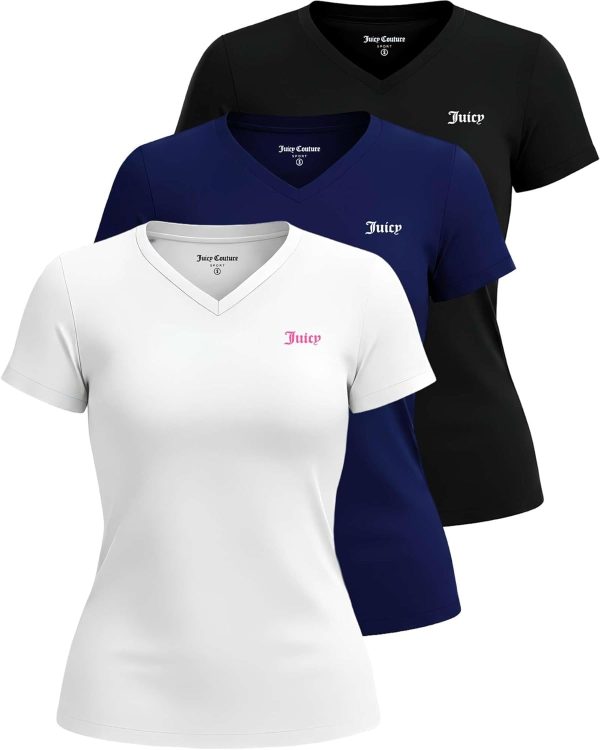 Juicy Couture Women's Short Sleeve V-Neck Athletic T-Shirts – Workout, Fitness, Yoga, Pilates, Gym Activewear (Plus) short ribs