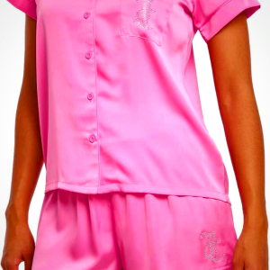 Juicy Couture Women's 2 Piece Satin Notch Collar Button Down Shirt and Pajama Shorts Lounge and Sleepwear Set