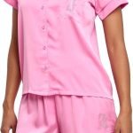Juicy Couture Women's 2 Piece Satin Notch Collar Button Down Shirt and Pajama Shorts Lounge and Sleepwear Set juicy couture