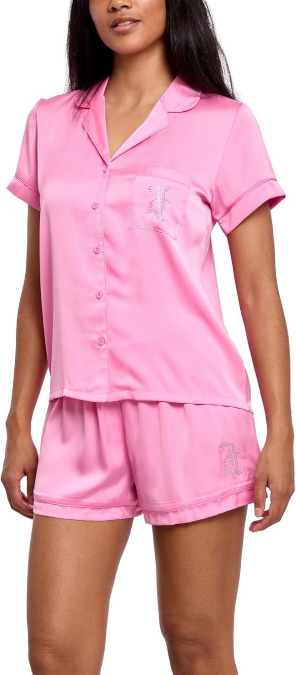 Juicy Couture Women's 2 Piece Satin Notch Collar Button Down Shirt and Pajama Shorts Lounge and Sleepwear Set juicy couture