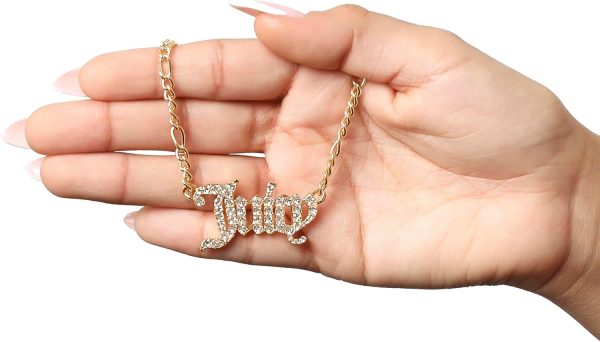 Juicy Couture Necklace for Women Gothic Logo Pendant, 18"+2" Gold-Tone Juicy Necklace with Clear Crystals juicy seafood and bar