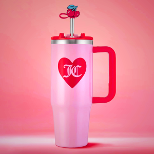 Juicy Couture Jetsetter 40oz Tumbler with Handle and Straw Topper, Pink Bows