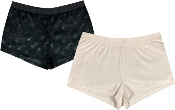 Juicy Couture Velvet Fleece Shorts 2 Piece Designer Pajama Set for Women, 2-Pack Sleep and Lounge Shorts (Pastel Parchment/Black Diagonal Embossed, Large)-0