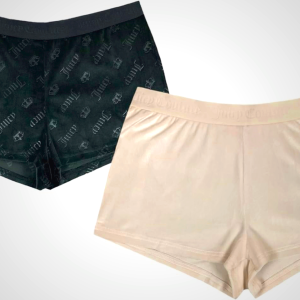 Juicy Couture Velvet Fleece Shorts 2 Piece Designer Pajama Set for Women, 2-Pack Sleep and Lounge Shorts (Pastel Parchment/Black Diagonal Embossed, Large)