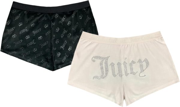 Juicy Couture Velvet Fleece Shorts 2 Piece Designer Pajama Set for Women, 2-Pack Sleep and Lounge Shorts (Pastel Parchment/Black Diagonal Embossed, Large) velvet