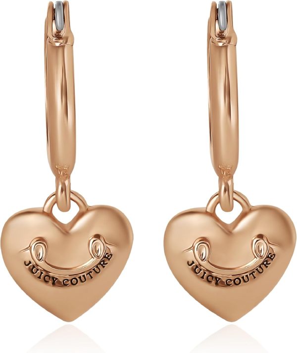 Juicy Couture Dangle Heart Charm Hoop Earrings for Women, Yellow Gold-Tone Juicy Couture Earrings juicy made