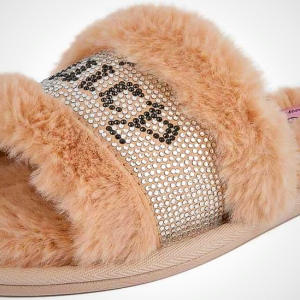 Juicy Couture Women's Plush Faux Fur Slippers – Cozy Open-Toe Slides, Soft Indoor/Outdoor House Shoes