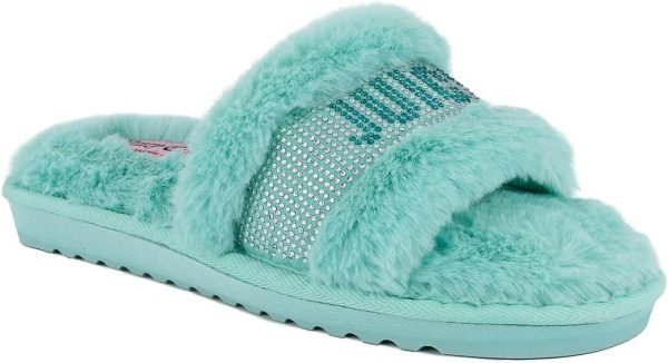 Juicy Couture Women's Plush Faux Fur Slippers – Cozy Open-Toe Slides, Soft Indoor/Outdoor House Shoes couture meaning