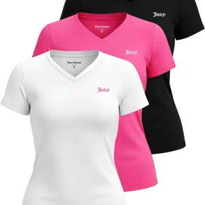 Juicy Couture Women's Short Sleeve V-Neck Athletic T-Shirts – Workout, Fitness, Yoga, Pilates, Gym Activewear (Plus) juicy crab