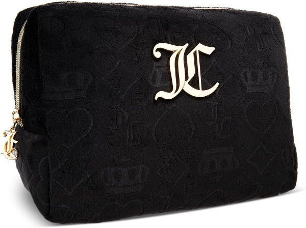 Juicy Couture Black Makeup Bag Cosmetics Organizer Travel Essentials Zip Top Wedge Velour Heart Crown couture mini clutch