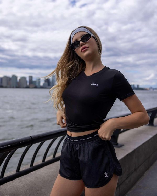 Juicy Couture Women's Short Sleeve V-Neck Athletic T-Shirts – Workout, Fitness, Yoga, Pilates, Gym Activewear (Plus) couture pronunciation