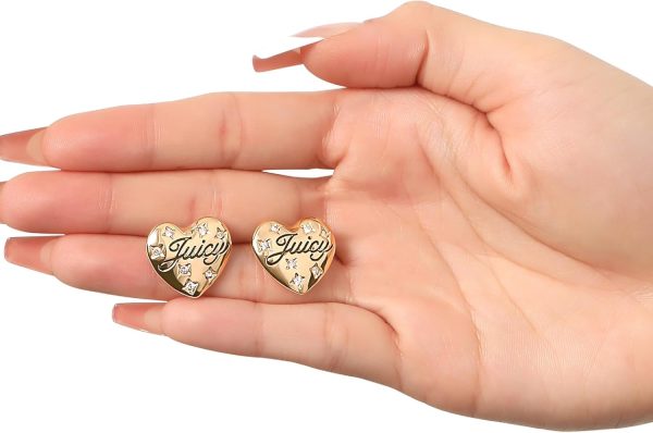 Juicy Couture Logo Heart Stud Earrings for Women with Stone Embellishments, Rhodium or Gold-Tone Heart Earrings, Juicy Gifts student portal