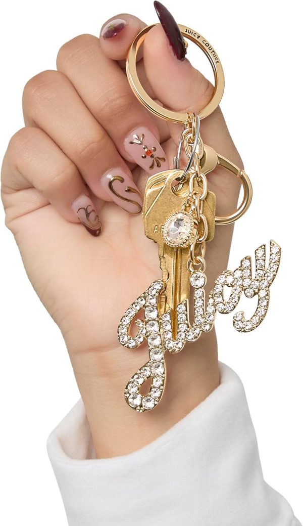 Juicy Couture Cute Key Chains for Women, Gold-Tone Logo Keychain with Clear Crystals, Juicy Gifts-3