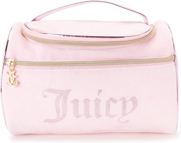 Juicy Couture Pink Makeup Bag Cosmetics Organizer Travel Essentials Hanging Duffel Velour Rhinestones-3