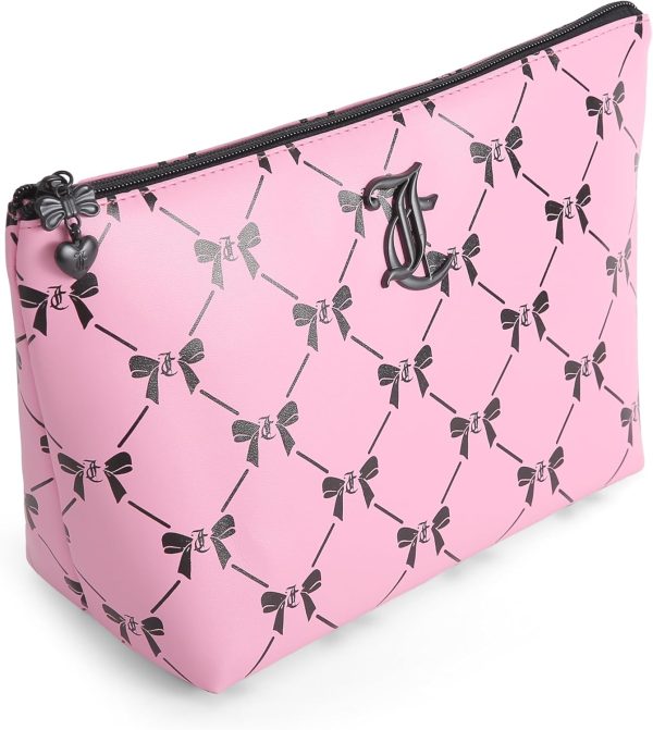 Juicy Couture Pink Makeup Bag Cosmetics Organizer Travel Essentials Top Zip Pouch Black Bow-3
