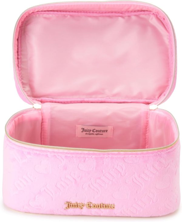 Juicy Couture Pink Makeup Bag Cosmetics Organizer Travel Essentials Train Case Velour Heart Logo-4