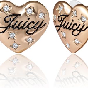 Juicy Couture Logo Heart Stud Earrings for Women with Stone Embellishments, Rhodium or Gold-Tone Heart Earrings, Juicy Gifts juicy beauty