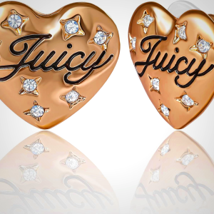 Juicy Couture Logo Heart Stud Earrings for Women with Stone Embellishments, Rhodium or Gold-Tone Heart Earrings, Juicy Gifts