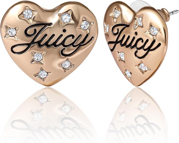 Juicy Couture Logo Heart Stud Earrings for Women with Stone Embellishments, Rhodium or Gold-Tone Heart Earrings, Juicy Gifts juicy beauty