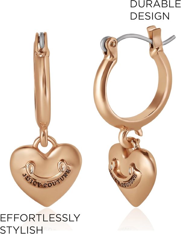 Juicy Couture Dangle Heart Charm Hoop Earrings for Women, Yellow Gold-Tone Juicy Couture Earrings-4