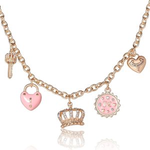 Juicy Couture Charm Necklace for Women, 16-18"+2" Gold-Tone Necklace Juicy Logo Charms with Pink Enamel and Clear Crystals-0