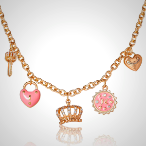 Juicy Couture Charm Necklace for Women, 16-18"+2" Gold-Tone Necklace Juicy Logo Charms with Pink Enamel and Clear Crystals