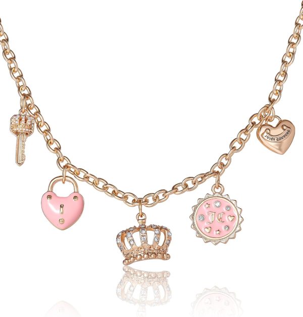 Juicy Couture Charm Necklace for Women, 16-18"+2" Gold-Tone Necklace Juicy Logo Charms with Pink Enamel and Clear Crystals-0