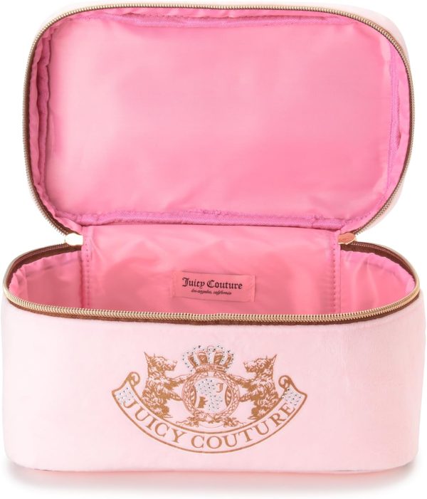 Juicy Couture Pink Makeup Bag Cosmetics Organizer Travel Essentials Train Case Gold Terroir Dog Rhinestone Crown Velour makeup table