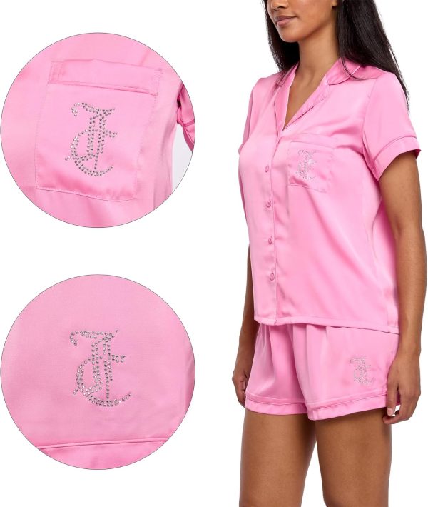 Juicy Couture Women's 2 Piece Satin Notch Collar Button Down Shirt and Pajama Shorts Lounge and Sleepwear Set-3