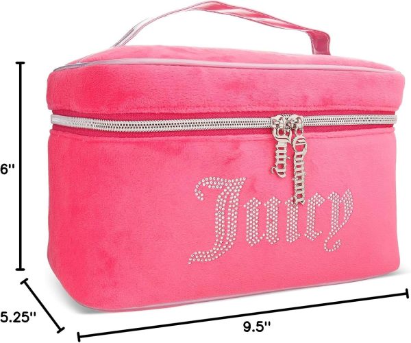 Juicy Couture Pink Silver Makeup Bag Cosmetics Organizer Travel Essentials Train Case Velour Rhinestones makeup organizer