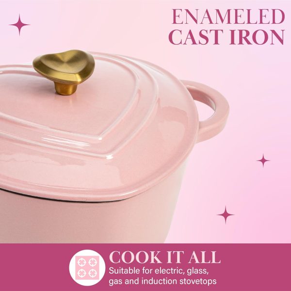 Paris Hilton Enameled Cast Iron Dutch Oven Heart-Shaped Pot with Lid, Dual Handles, Works on All Stovetops, Oven Safe to 500°F, 2-Quart, Pink iron heart