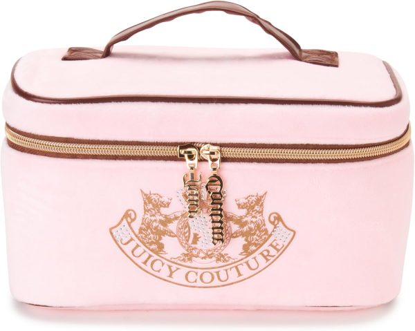 Juicy Couture Pink Makeup Bag Cosmetics Organizer Travel Essentials Train Case Gold Terroir Dog Rhinestone Crown Velour couture pop ups