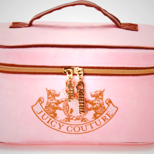 Juicy Couture Pink Makeup Bag Cosmetics Organizer Travel Essentials Train Case Gold Terroir Dog Rhinestone Crown Velour