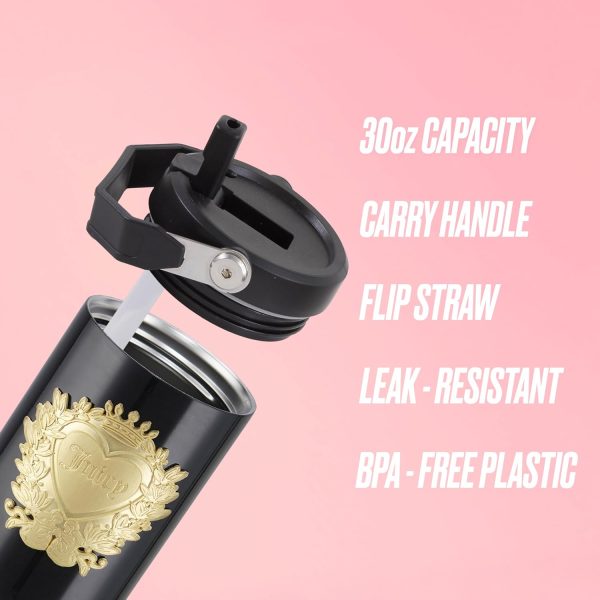 Juicy Couture 30oz Flip Flow Stainless Steel Tumbler With Flip Straw and Carry Handle, Black 3D Gold Logo-1