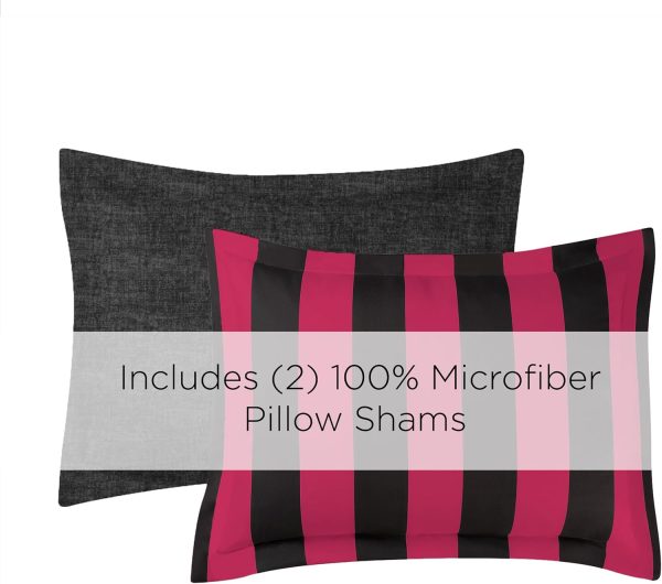 Juicy Couture Cabana Stripe Reversible Bedding Set - Queen/Full Size - Black and Hot Pink Stripe Print – 6 Piece Set – Includes 1 90" x 90" Comforter, 3 Decorative Pillows, 2 Shams cabana beach
