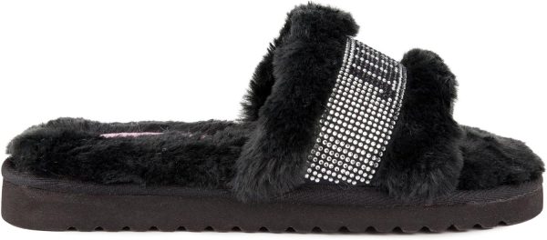 Juicy Couture Women's Luxe Faux Fur Slide Slippers with Embellished Strap, Cozy Indoor/Outdoor Fuzzy Slip-On Sandals luxeed