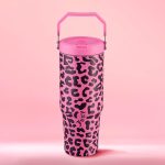 Juicy Couture Flip & Sip Insulated Tumbler with Handle and Straw, 30 oz, Hot Pink Leopard-0