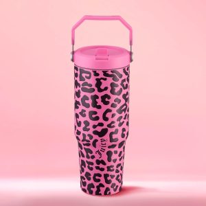 Juicy Couture Flip & Sip Insulated Tumbler with Handle and Straw, 30 oz, Hot Pink Leopard-0