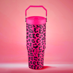 Juicy Couture Flip & Sip Insulated Tumbler with Handle and Straw, 30 oz, Pink Wavy Check