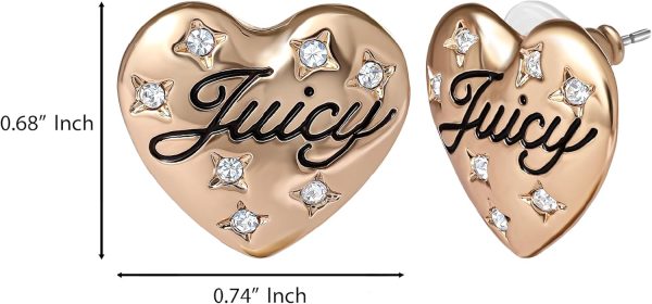 Juicy Couture Logo Heart Stud Earrings for Women with Stone Embellishments, Rhodium or Gold-Tone Heart Earrings, Juicy Gifts-4