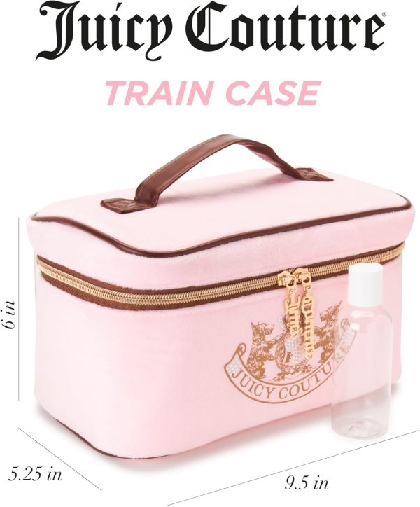 Juicy Couture Pink Makeup Bag Cosmetics Organizer Travel Essentials Train Case Gold Terroir Dog Rhinestone Crown Velour veloura