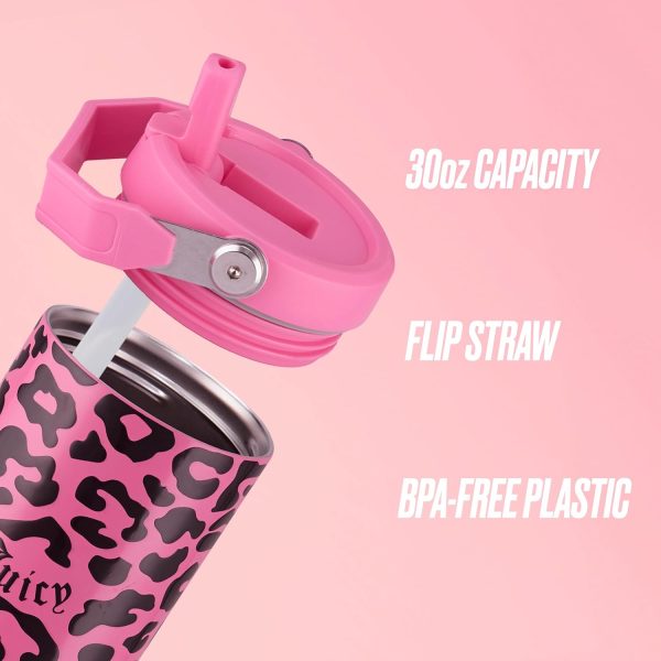 Juicy Couture Flip & Sip Insulated Tumbler with Handle and Straw, 30 oz, Hot Pink Leopard-1