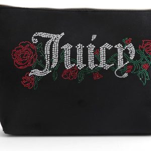 Juicy Couture Black Makeup Bag Cosmetics Organizer Travel Essentials Top Zip Pouch Velour Rhinestone Roses black friday deals