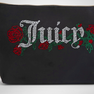 Juicy Couture Black Makeup Bag Cosmetics Organizer Travel Essentials Top Zip Pouch Velour Rhinestone Roses